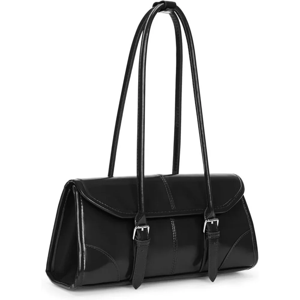 Women's Black Faux Leather Tote Bag Small Shoulder Handbag Purse